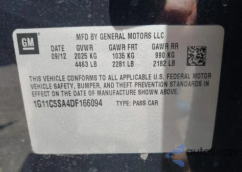 2013 Chevrolet Malibu 1Lt from USA, damaged, VIN 1G11C5SA4DF166094